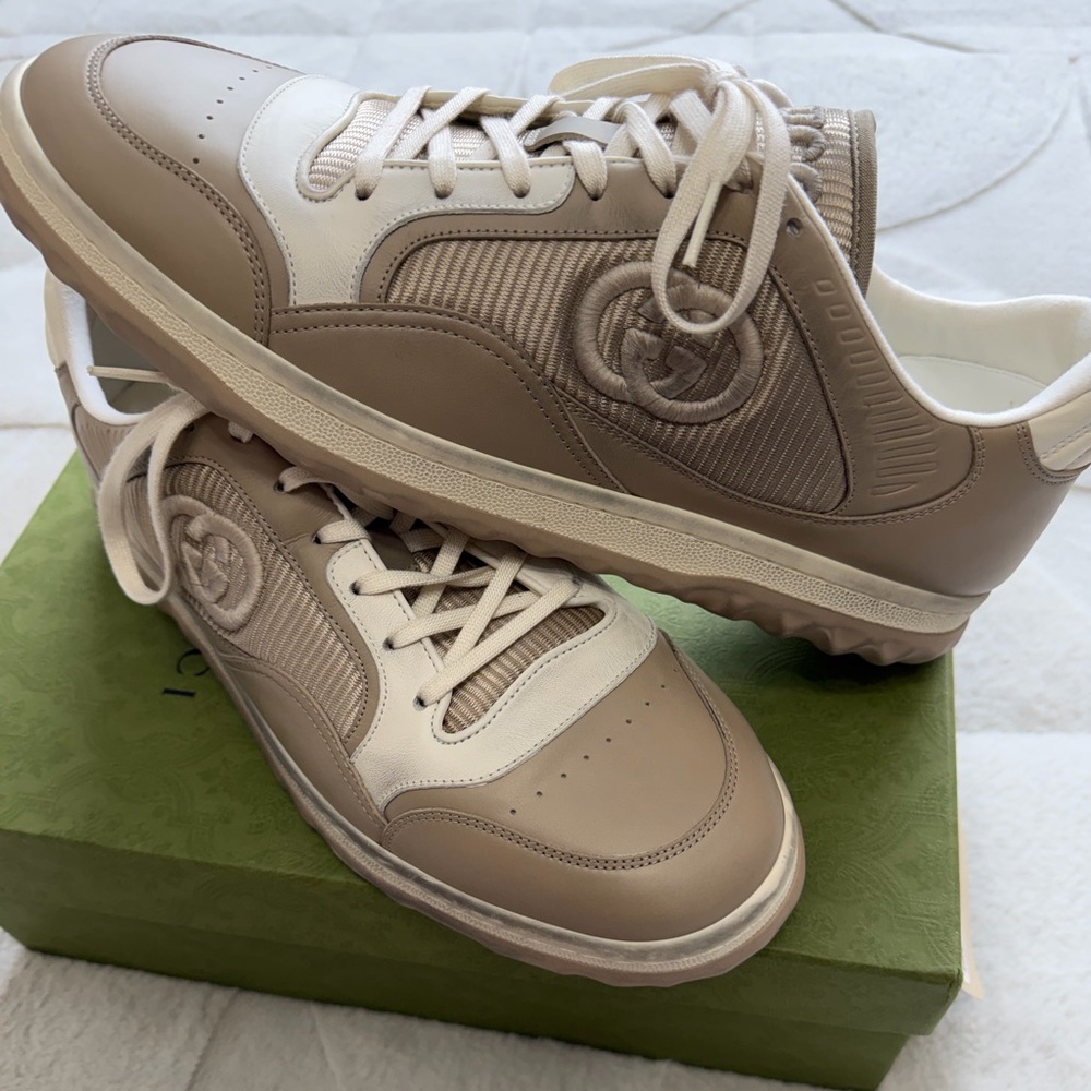 NEW! $980 Gucci MAC80 Beige White Leather Low Top Sneakers 13.5